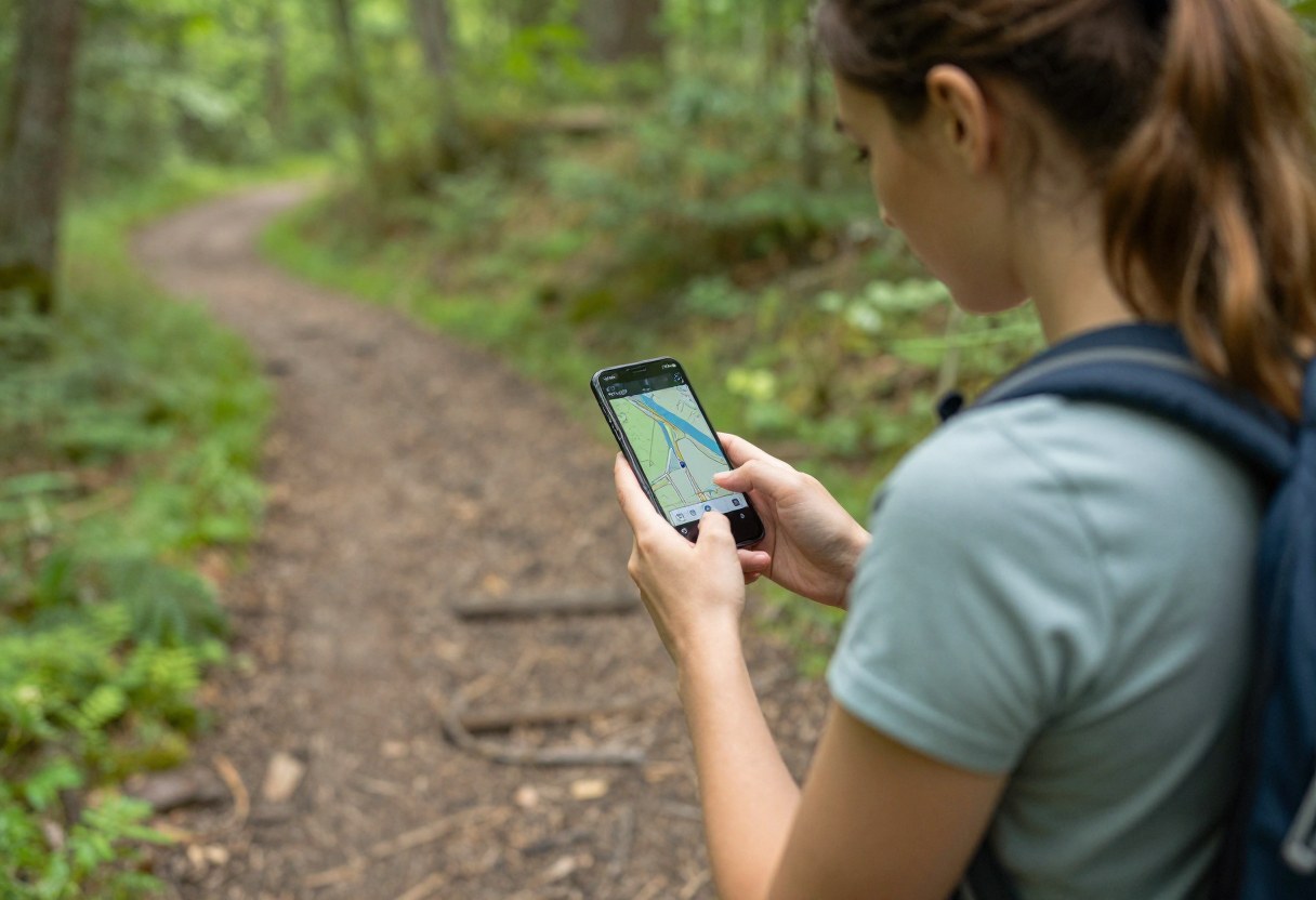 A hiker checking a GPS navigation app on a smartphone while standing on a forest trail
