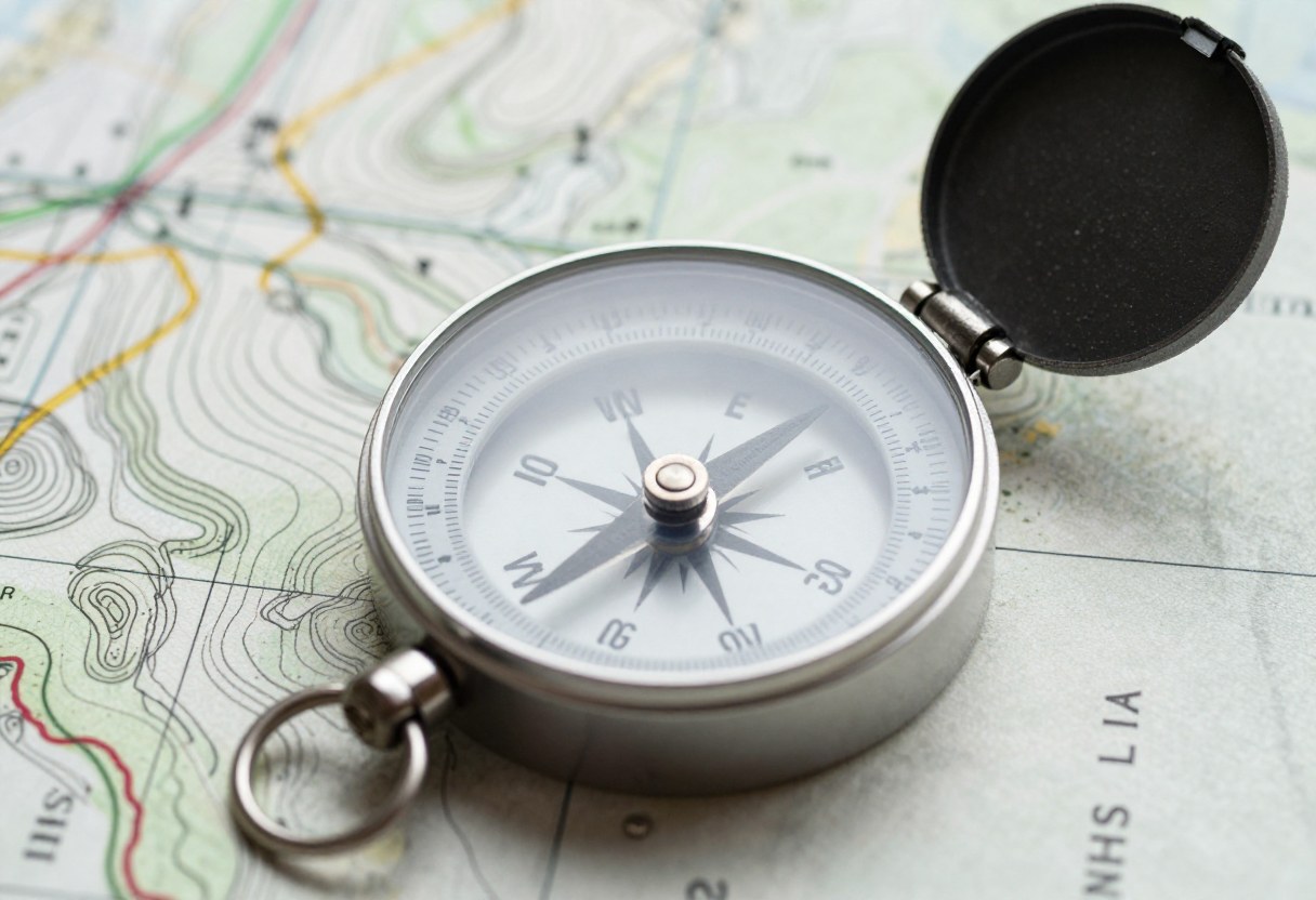 Close-up of a baseplate compass resting on a topographic map, showing contour lines
