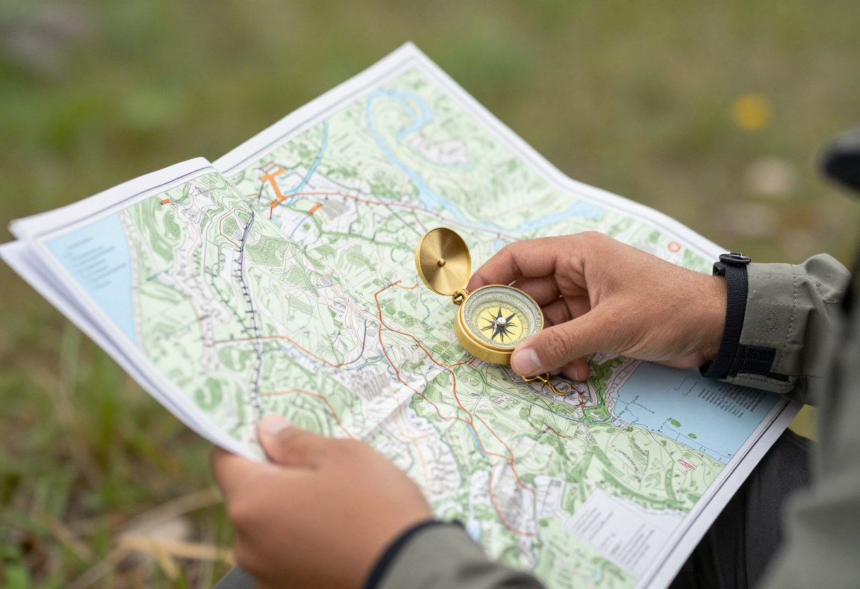 A hiker holding a compass over an unfolded topographic paper map outdoors