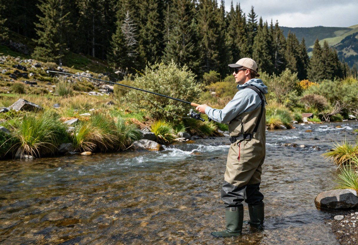 An angler in waders standing in a clear, shallow mountain stream casting a light spinning rod toward a pool