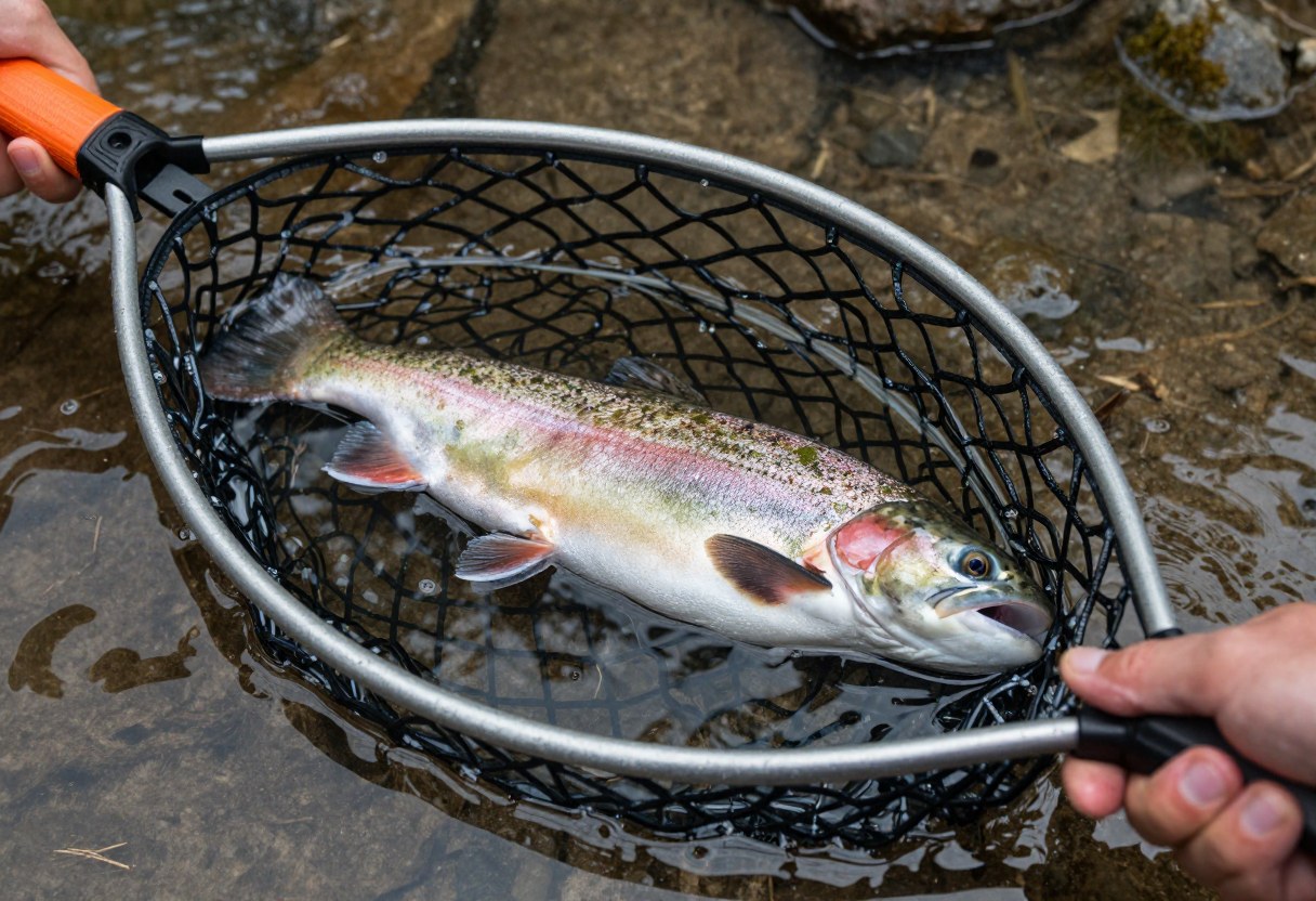 A rainbow trout lying in a rubber landing net held just at the surface of clear stream water