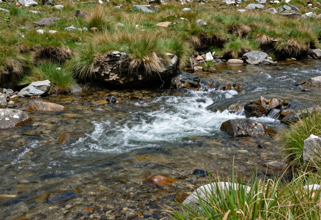 A clear mountain stream where a white-water riffle spills into slower water beside a grassy bank