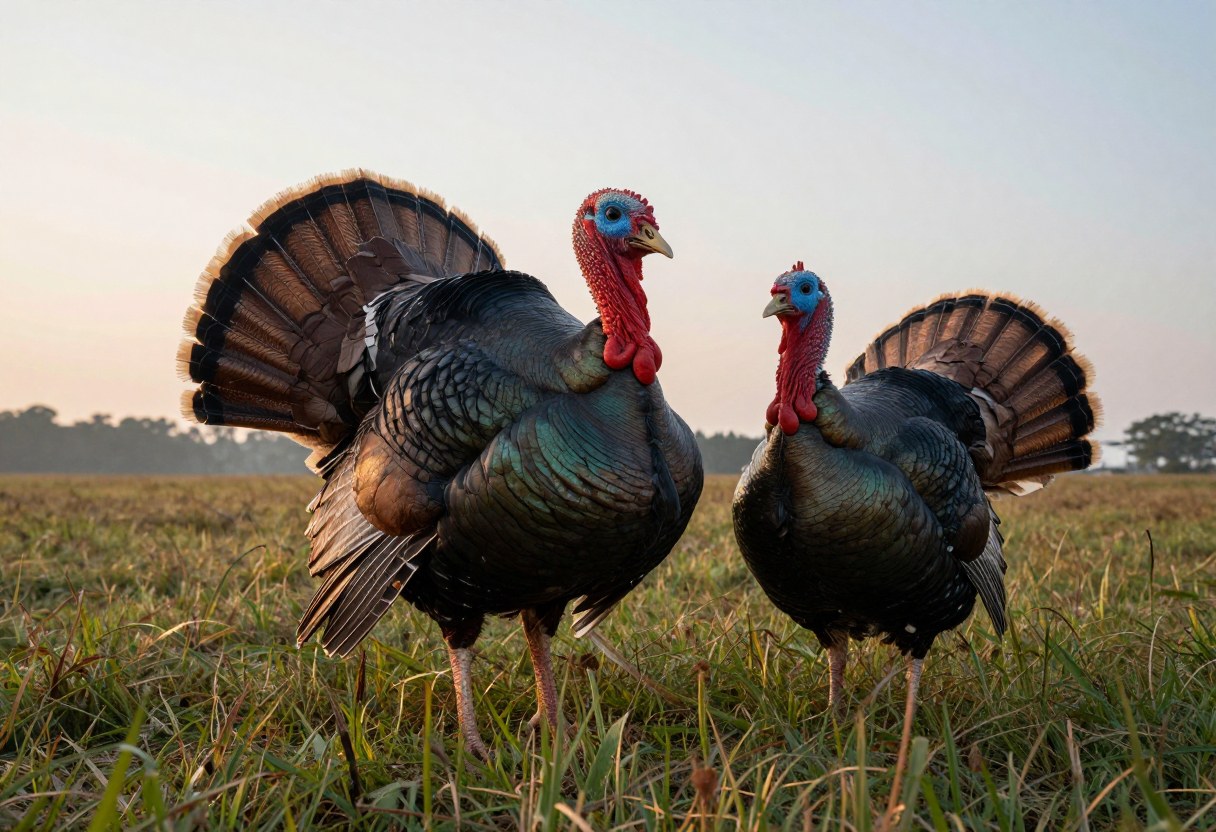 A hen turkey decoy set up in an open field at dawn