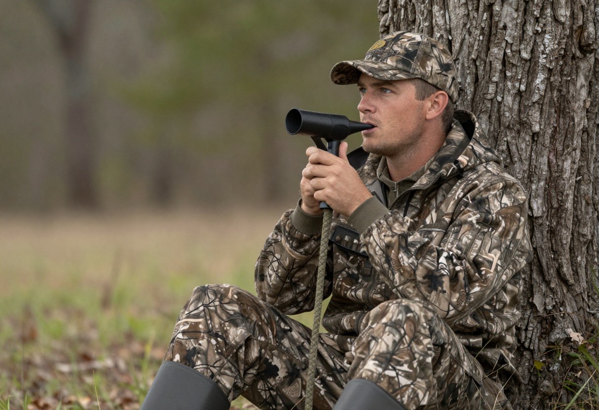 A hunter in camouflage sitting against a large tree trunk using a pot and slate turkey call