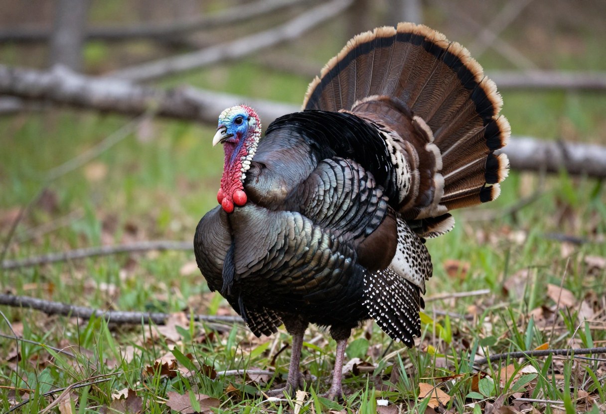 A wild turkey tom with a fanned tail standing in a woodland clearing