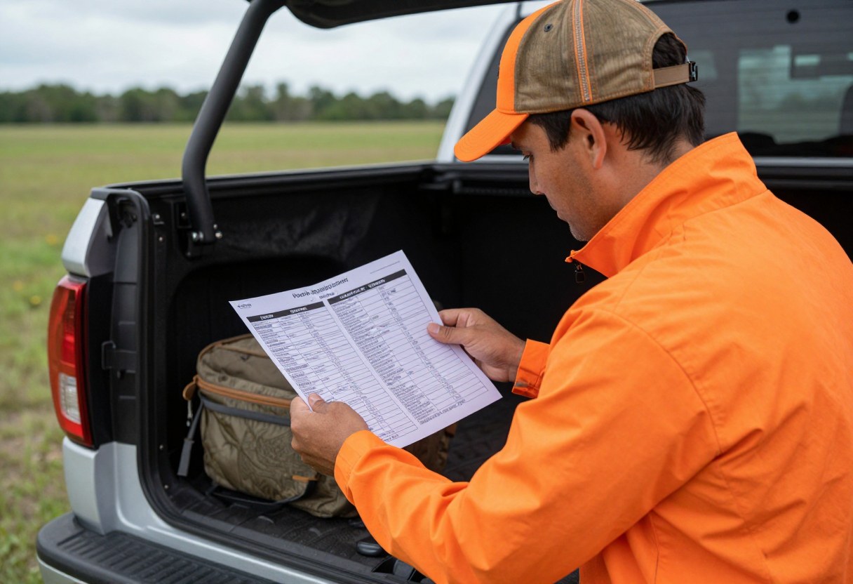 A hunter in blaze orange checking a paper hunting regulations booklet at a truck tailgate