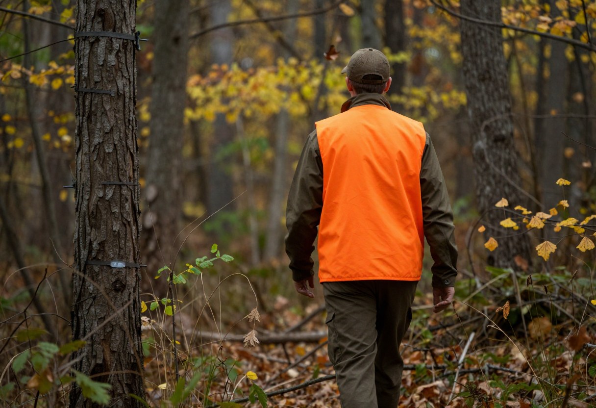 A hunter wearing a blaze orange vest walking through an autumn forest