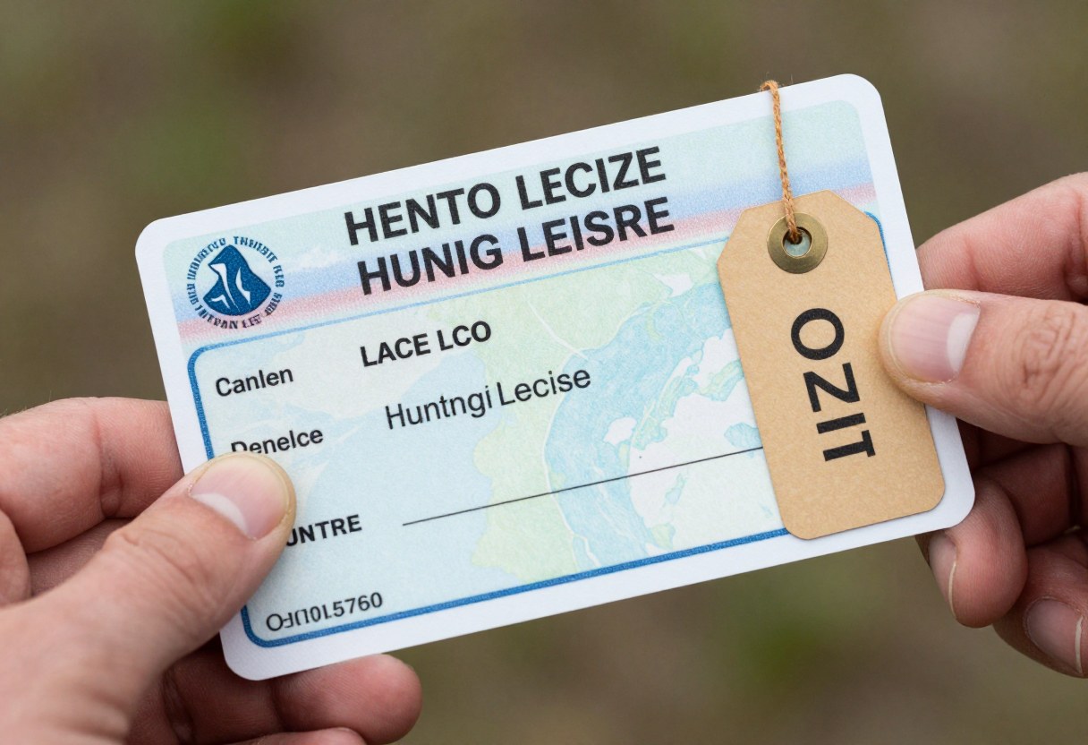 Close-up of a hunting license and tag document held in hand outdoors