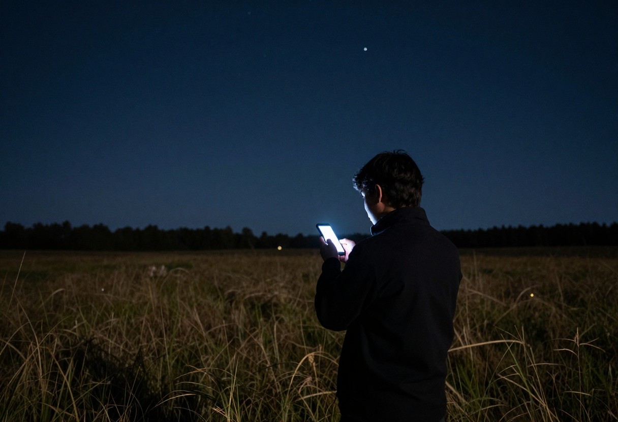 A person standing on an open field at night looking at a glowing smartphone screen, starry sky overhead