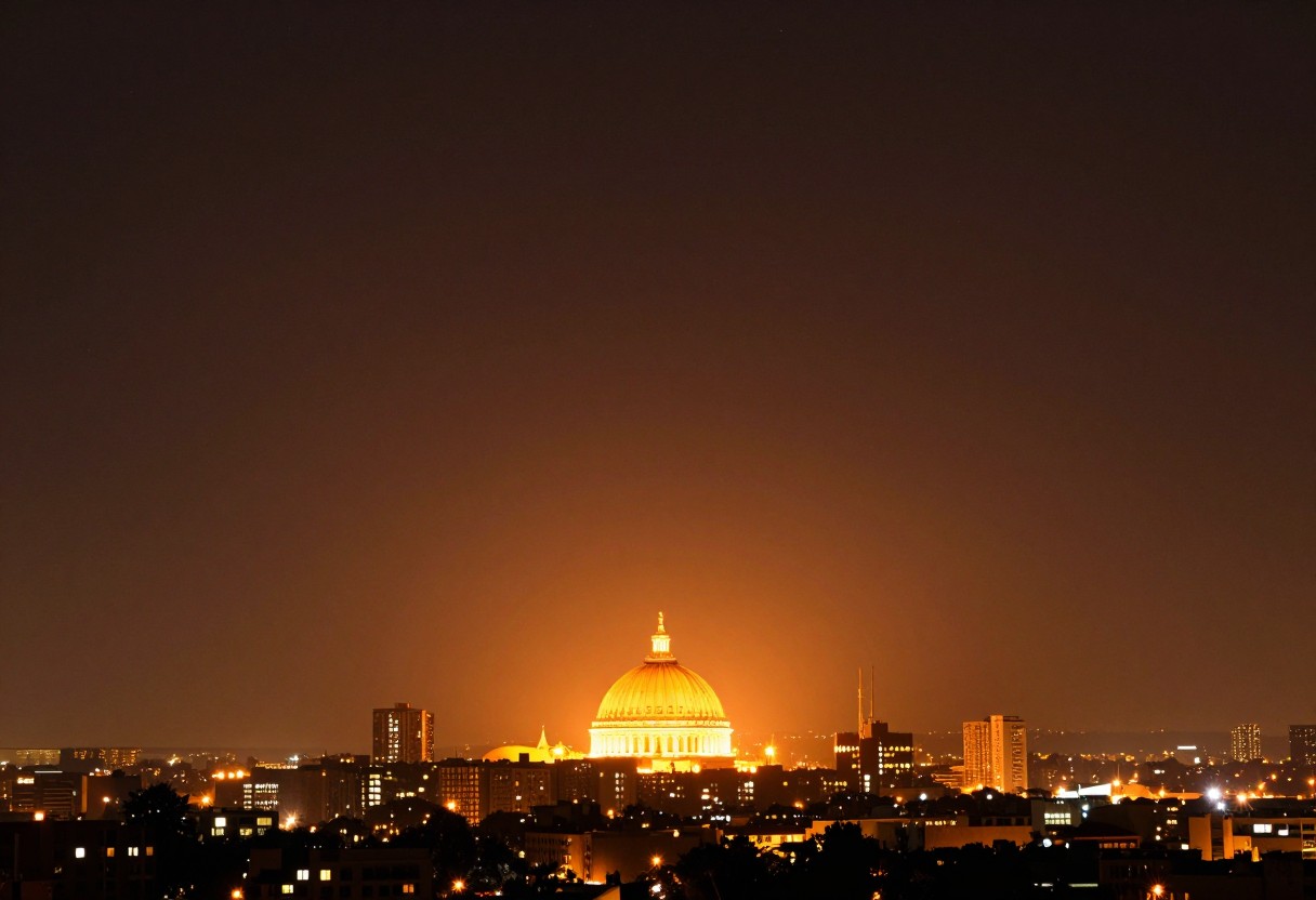 A bright orange city light dome glowing on the horizon fading into a deep dark starry sky above