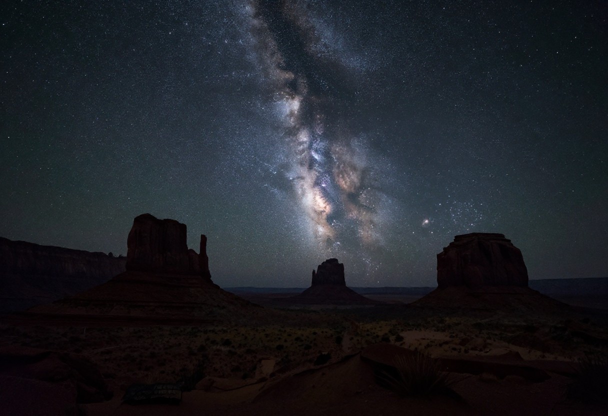 A remote desert dark sky park landscape at night with countless stars and the Milky Way visible above silhouetted rock formations