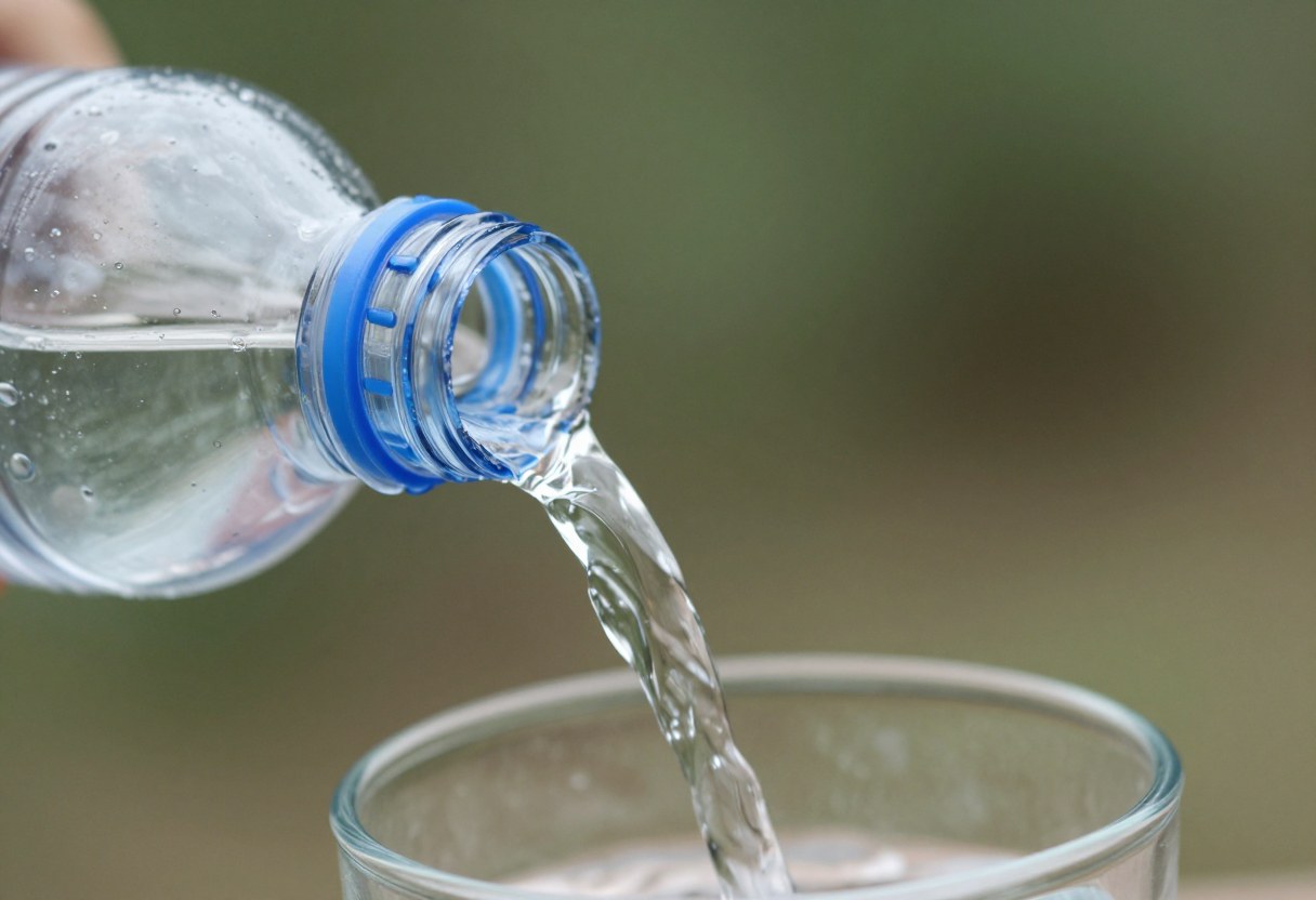 Close-up of clear filtered water pouring into a water bottle outdoors