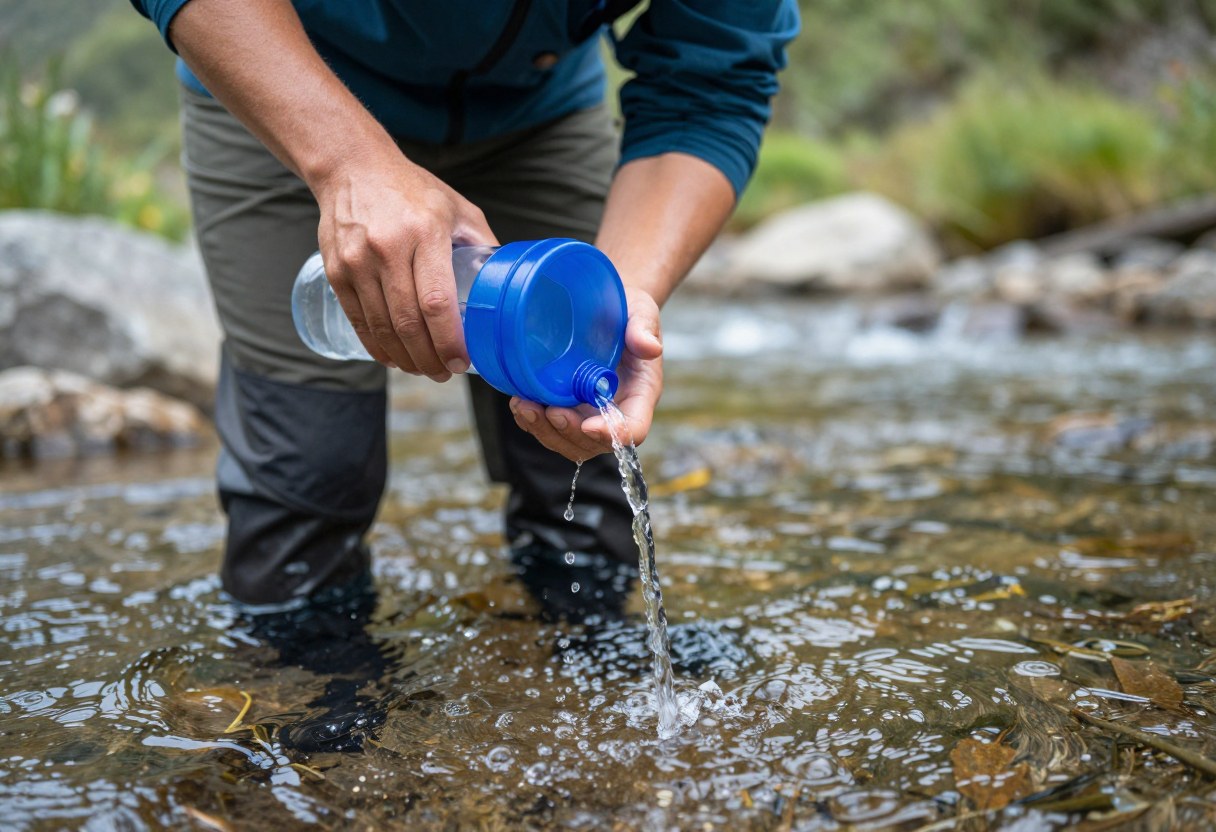A hiker using a squeeze water filter to filter water from a clear mountain stream into a bottle