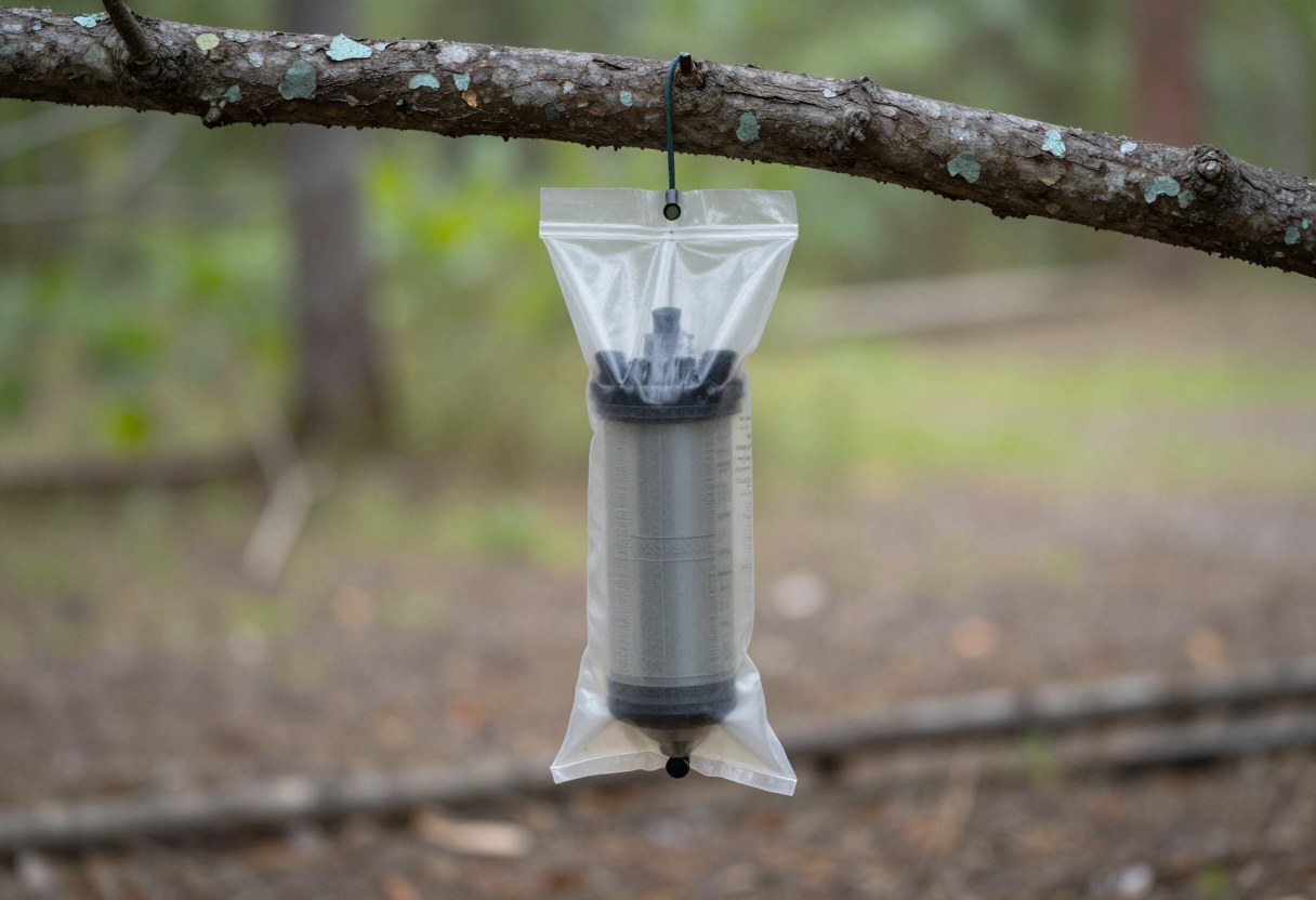 A gravity water filter bag hanging from a tree branch at a campsite