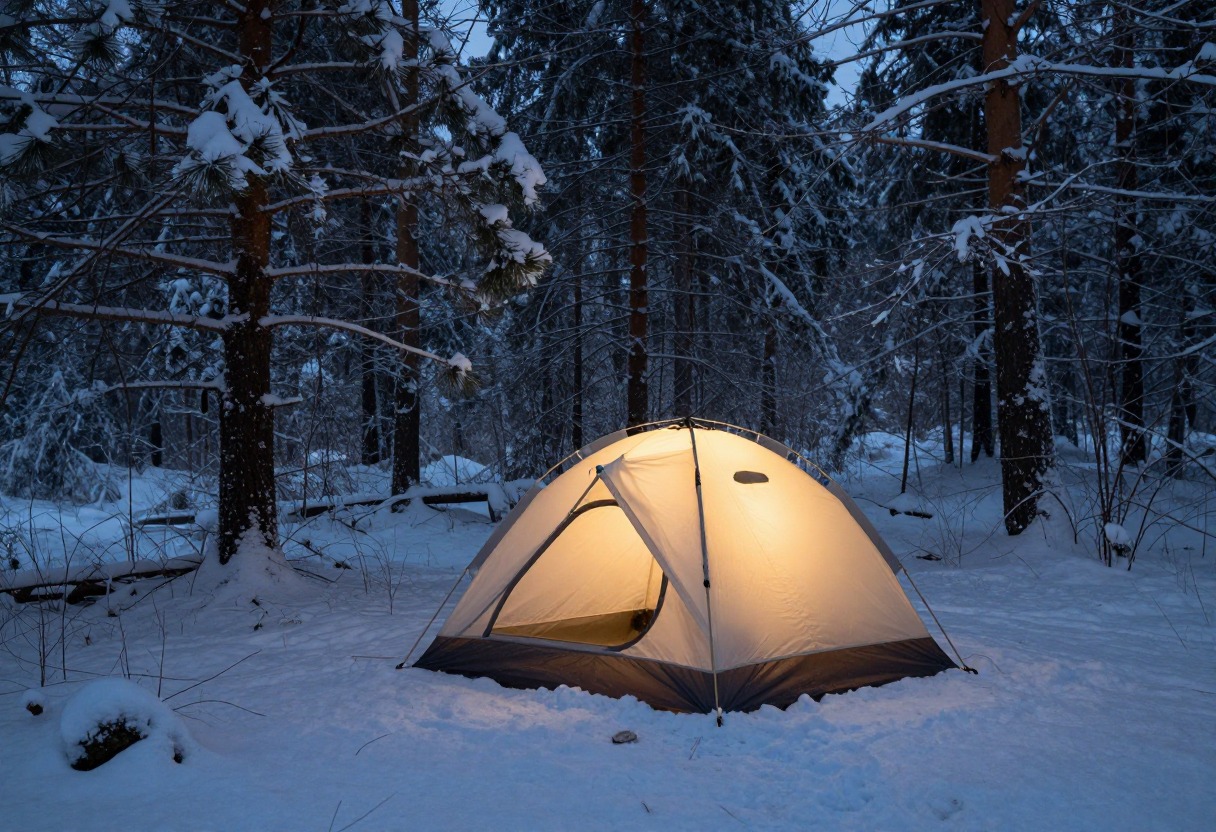 A tent pitched in snow in a forest clearing at dusk with a warm light glowing inside