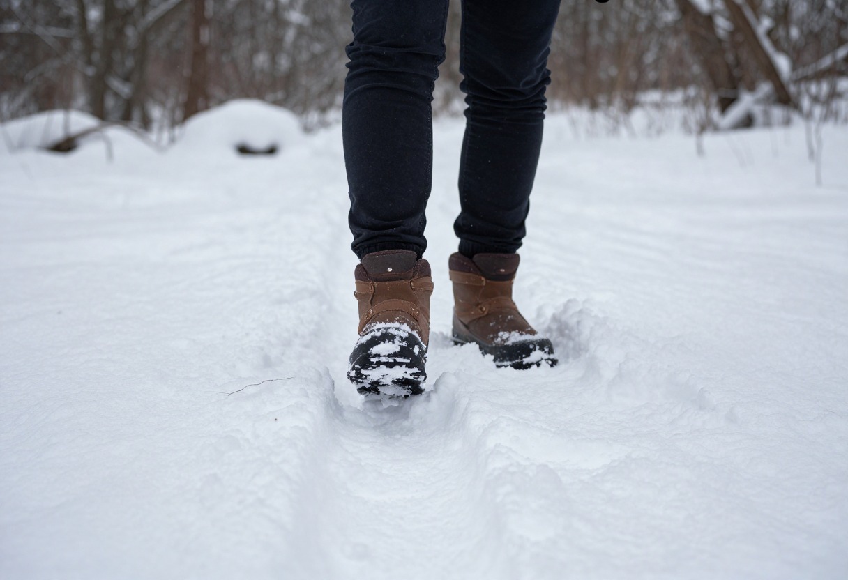 A person stamping down a patch of snow with boots to prepare a flat tent site