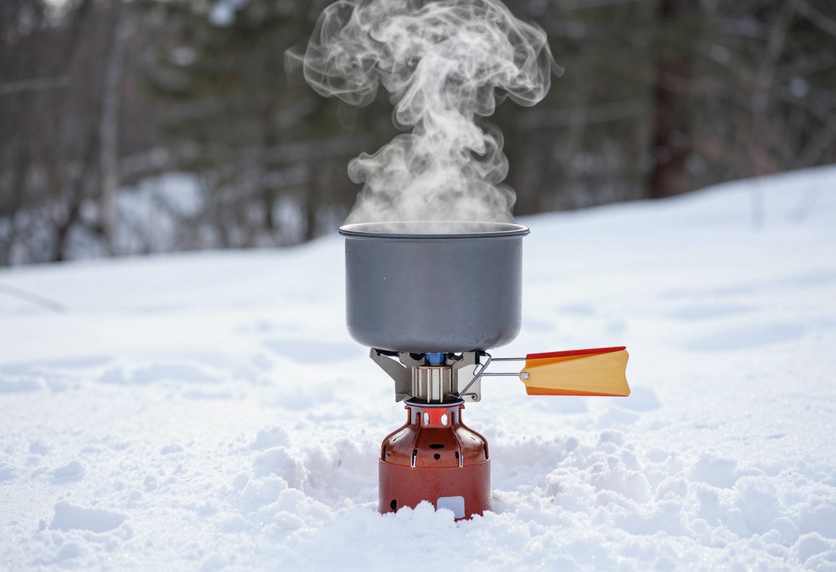 A camp stove melting snow in a pot outdoors in a snowy setting