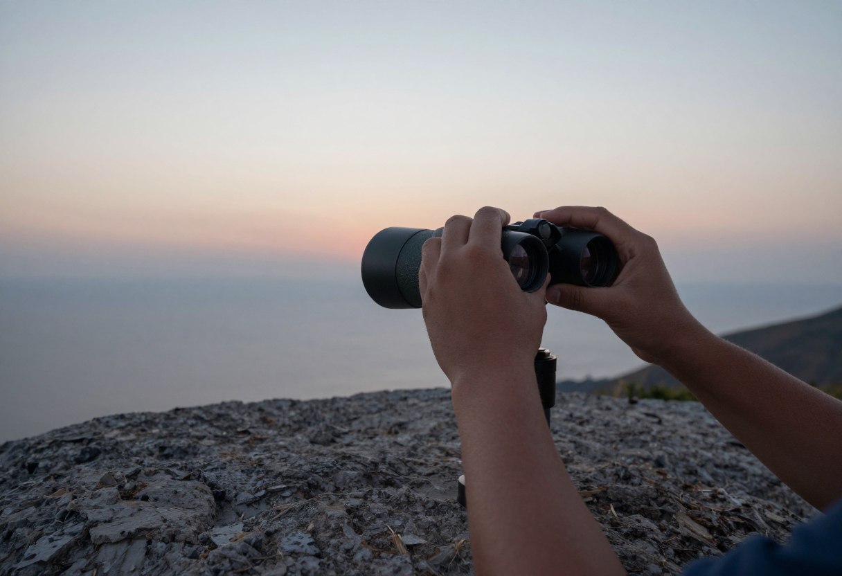 Hands setting up binoculars on a stable rock surface at twilight to observe the horizon line.