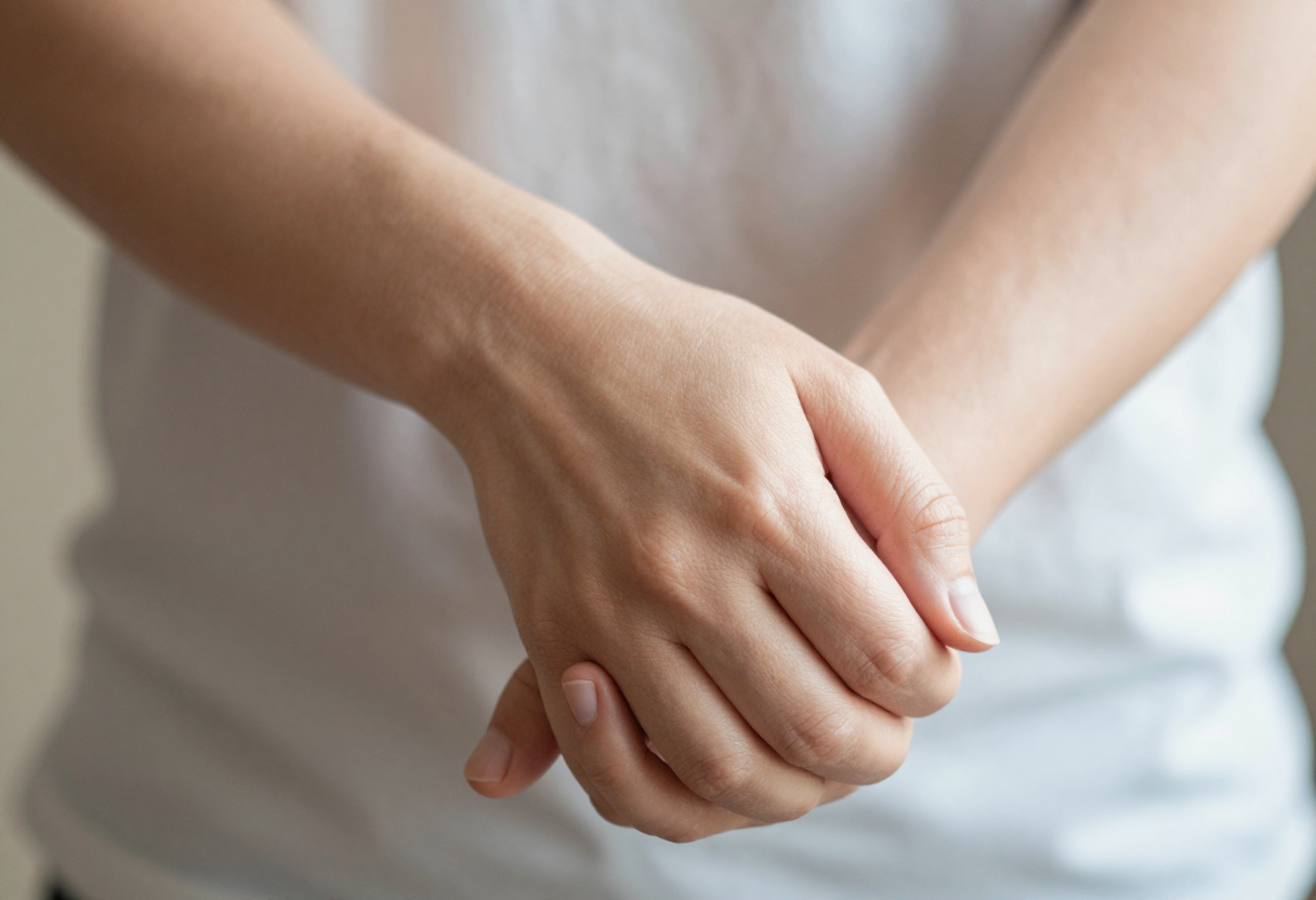 Close-up shot of someone gently but thoroughly checking their forearm in natural light, paying attention to skin folds and joints. The focus is on the careful physical inspection process.