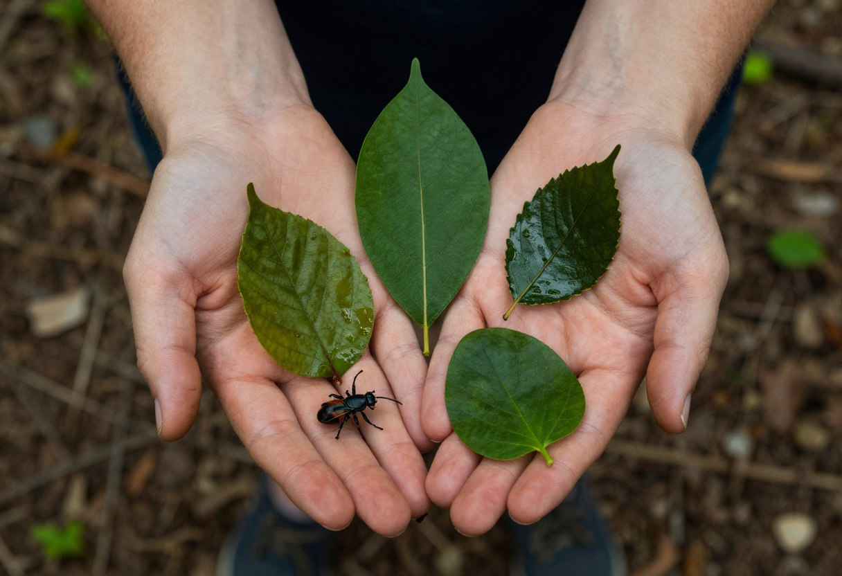 A pair of hands holding up several different types of leaves and insects found on the forest floor, indicating an attempt to identify potential biological hazards.