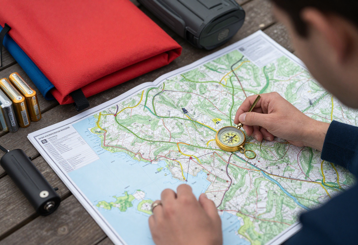 A person using a compass while studying physical topographical maps next to gathered gear like extra batteries and emergency blankets.