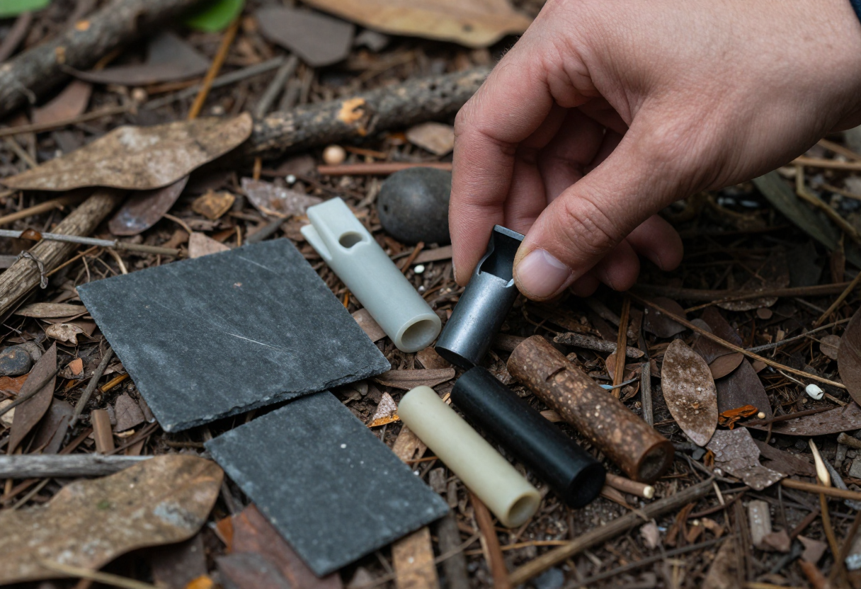 A close-up shot showing a hand carefully placing multiple types of artificial sounds—such as slate pieces or mouth calls—on the ground near leaf litter and scattered natural debris. The focus is on the variety and arrangement of the calling tools.