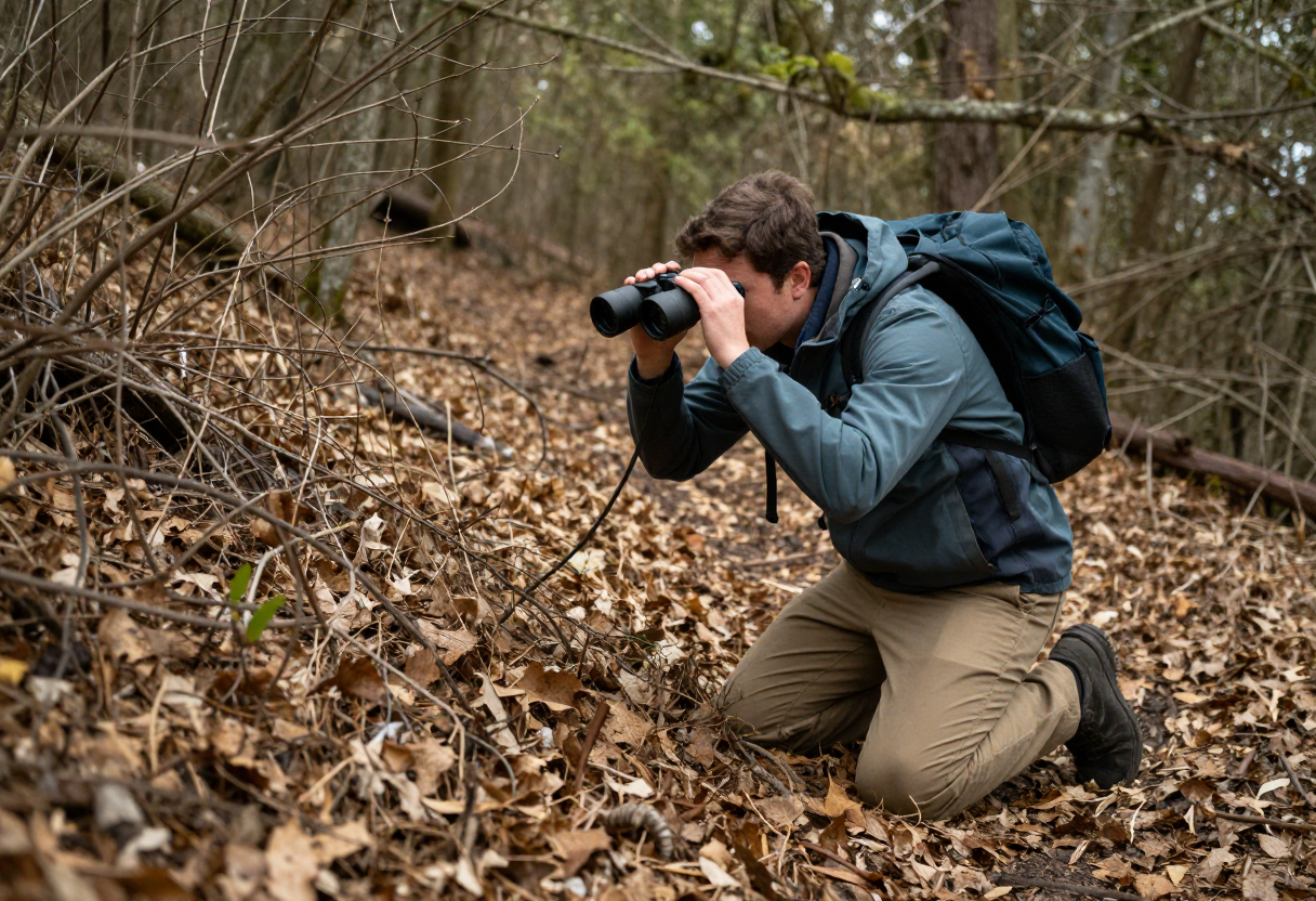 A person kneeling low in dry leaf litter and brush, using a pair of binoculars to scan the ground and tree line. They are positioned slightly off-trail but remain visible enough to demonstrate safe movement.