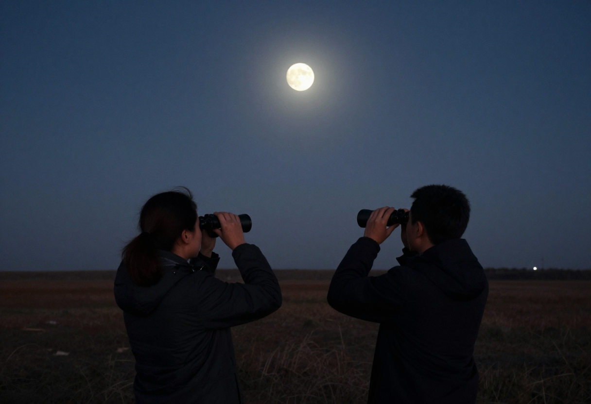 Two people using binoculars to view the Moon or bright planet from an open field under minimal light pollution.