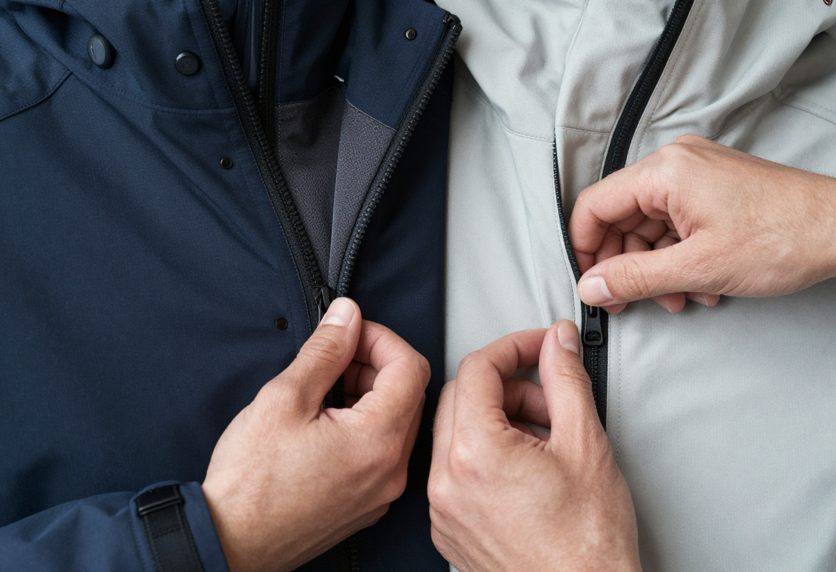 Close shot of hands running fingers along different seams and zippers of two distinct technical jackets (one bulky/heavy, one thin/minimal).