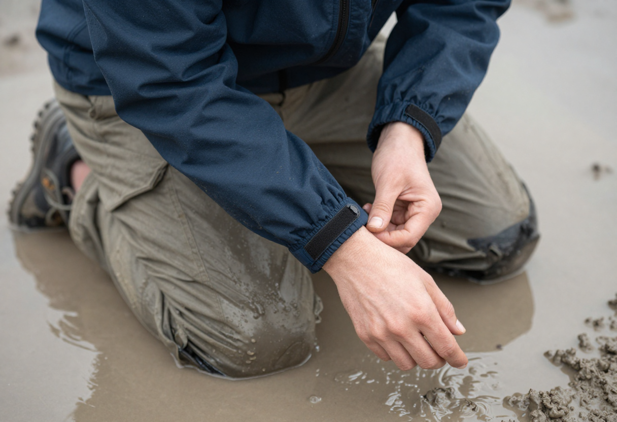 A person kneeling in mud or shallow water while adjusting a jacket sleeve cuff to ensure it seals properly against the wrist.