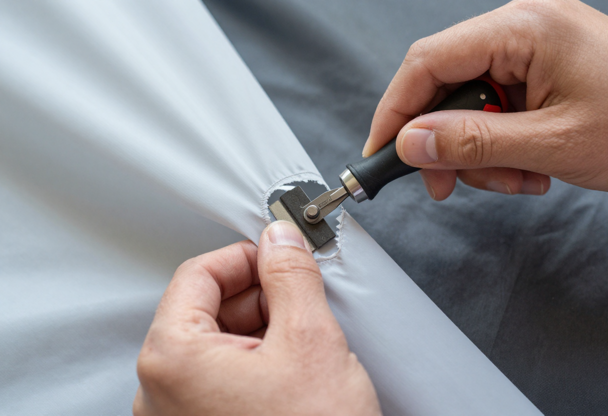 Close-up shot of hands using an abrasion tool to test the tear strength of various lightweight tent fabrics (DCF/Silnylon) under tension. The focus should be on the physical material handling.