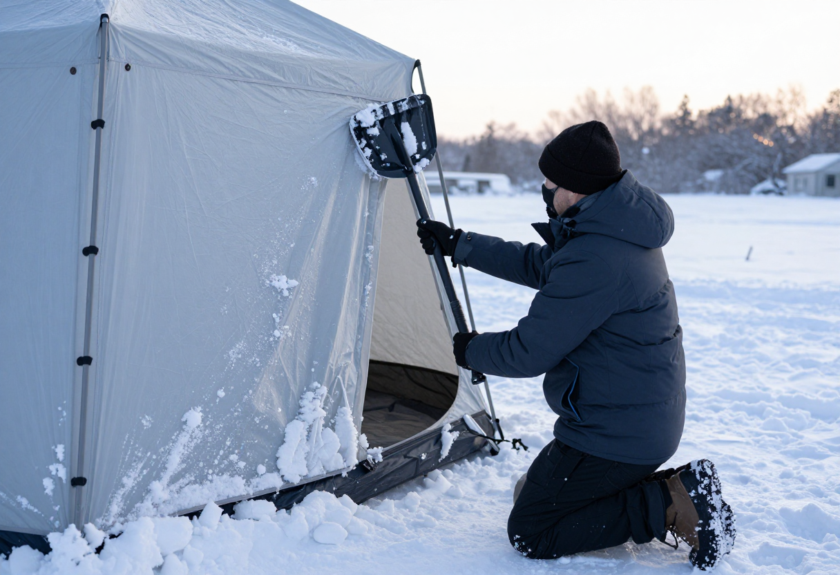 A person kneeling outside their tent vestibule on a cold morning, actively shoveling snow away from the tent walls to improve airflow and prevent ice buildup.