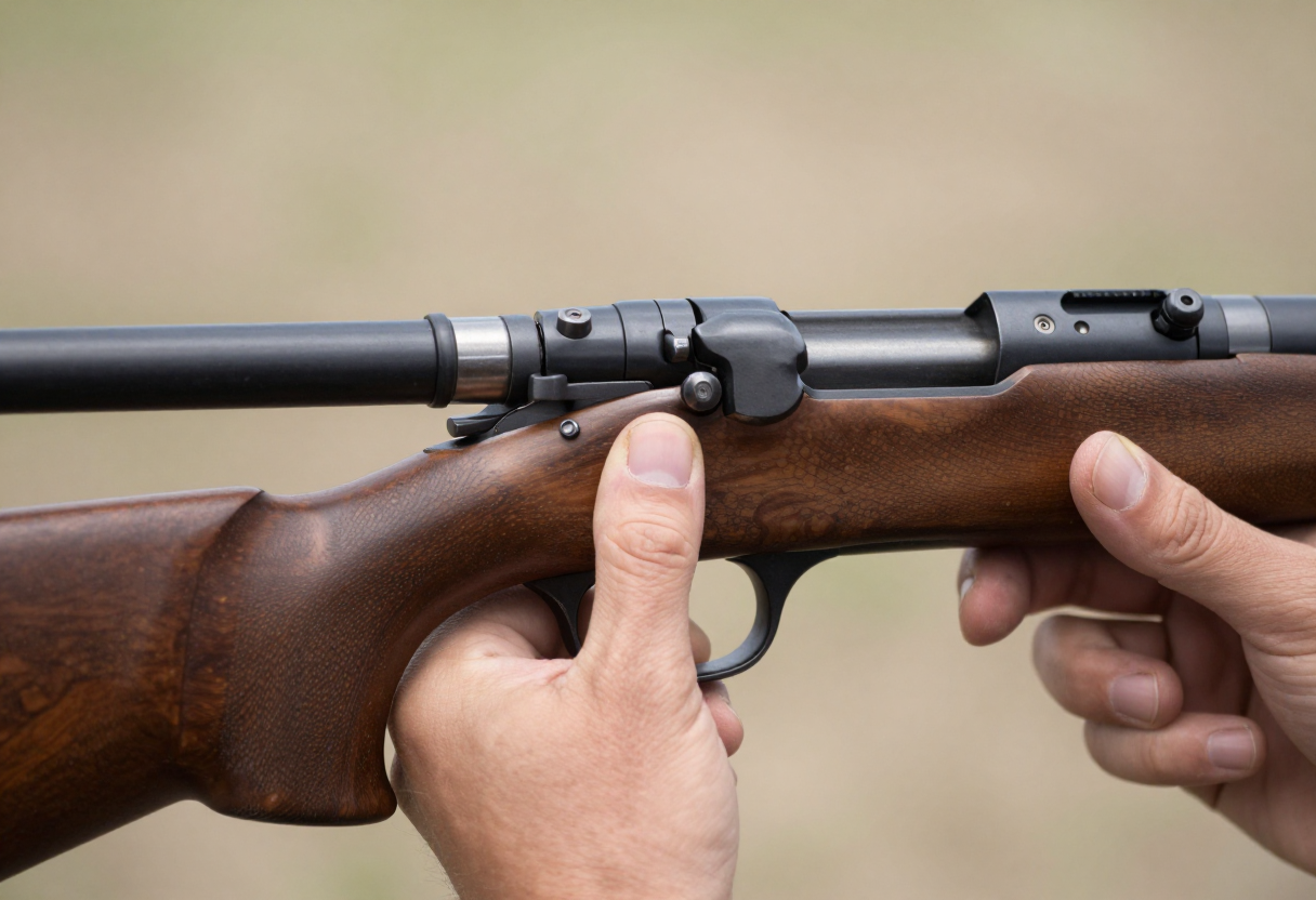 A hand pressing a finger firmly into the action of a bolt-action rifle to show proper cycling and function checks.