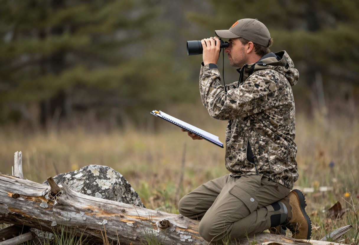 A hunter kneeling on a log or rock at an elk bedding area, looking through binoculars and holding a sketchpad and pencil to record observations.