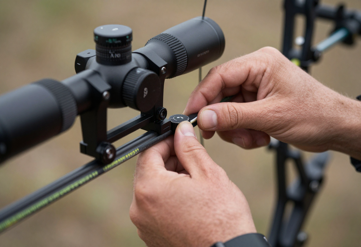 Close up shot of hands performing field adjustments—specifically turning a dial on a sight or scope mount attached to a bow riser in rough terrain.