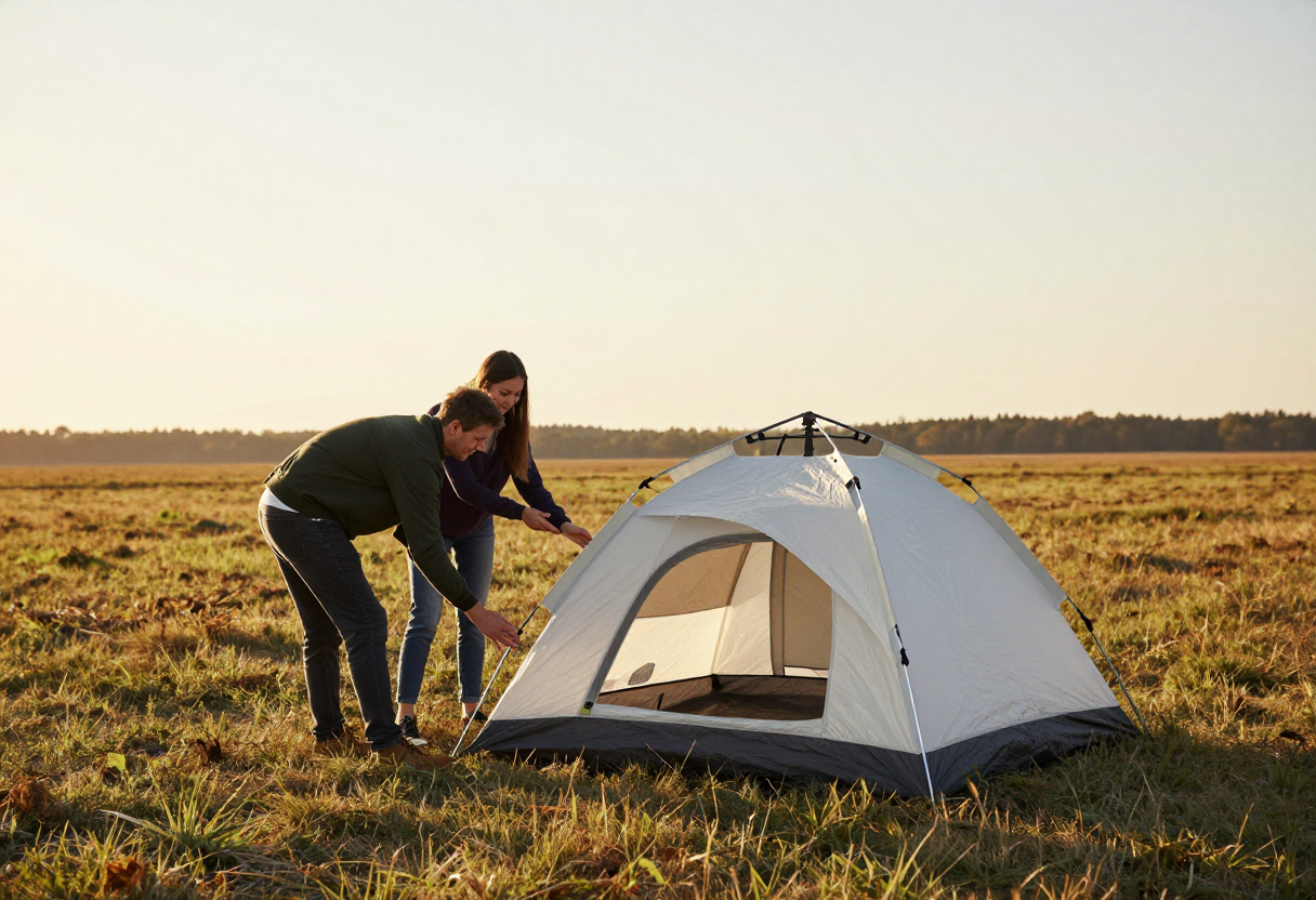 Two people setting up a simple tent near an open field during late afternoon light.