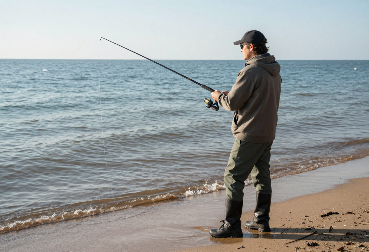 An angler reeling in a line while standing on wet shore sand near water's edge.