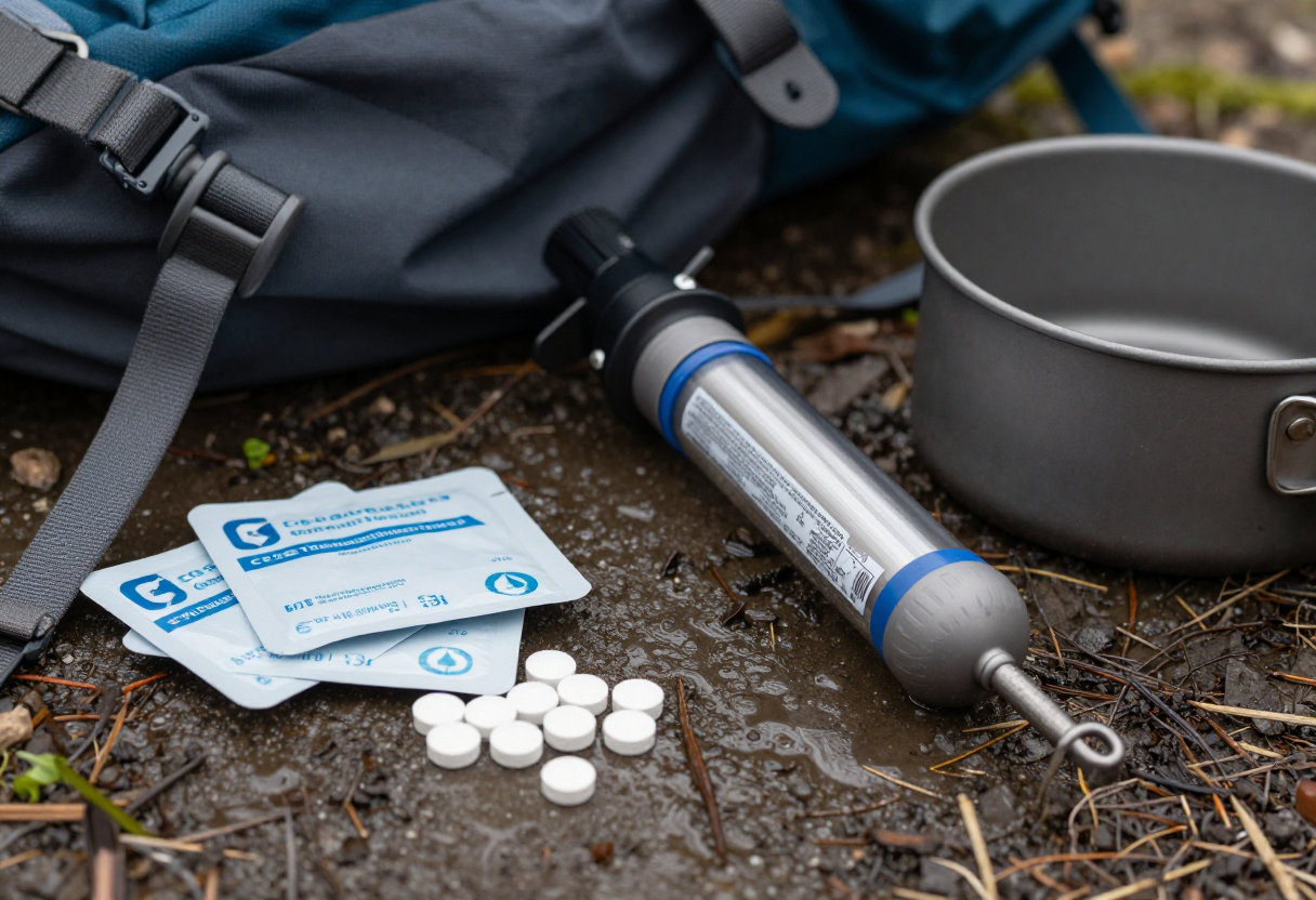 Close-up view of backpacking gear laying out on damp ground: chemical purification tablets, a physical water filter pump, and boiling pot are all visible in the scene. The focus is on the diverse methods.
