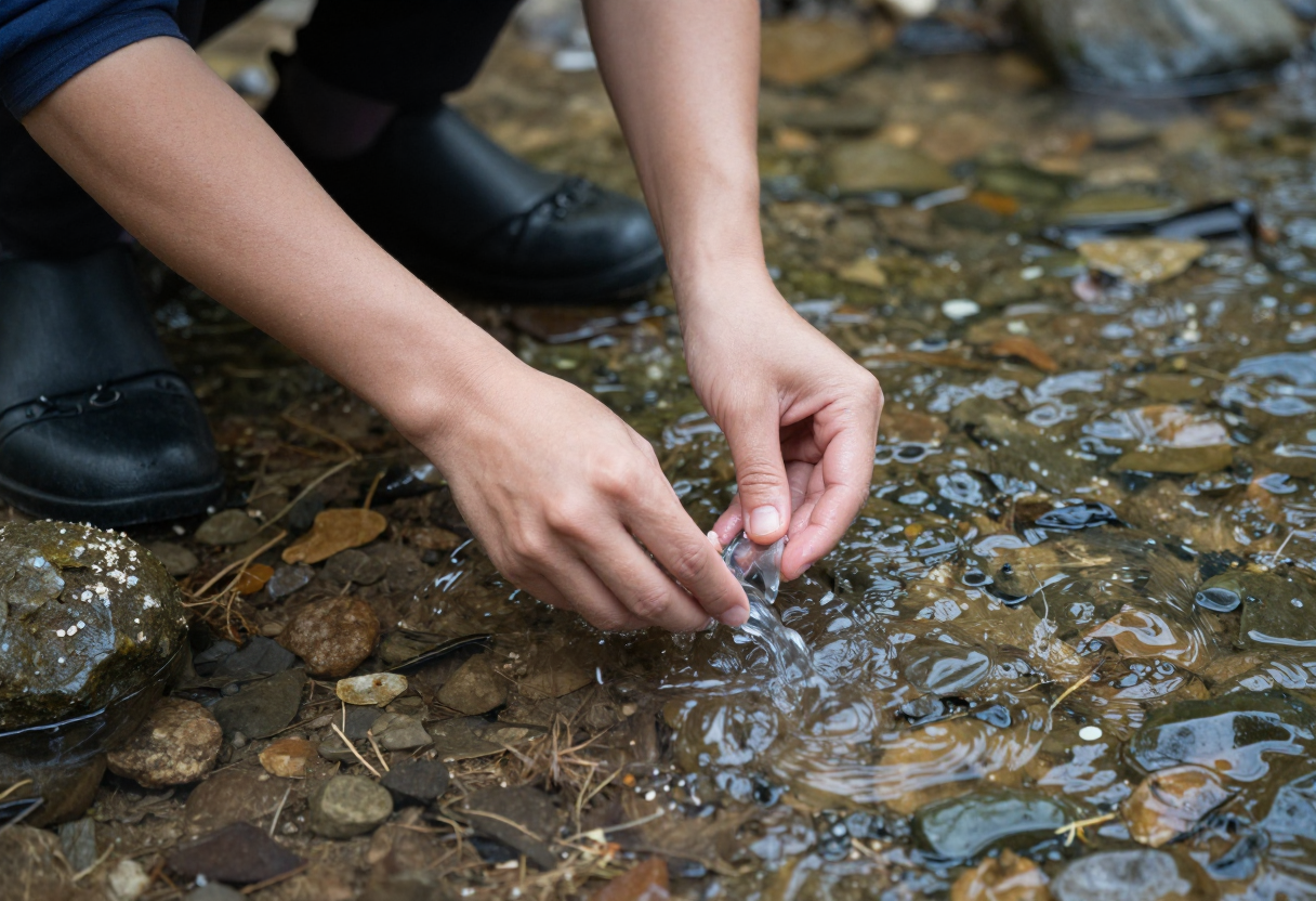 A person is shown following the natural contours of a stream bed with their hands to test water clarity before collecting it for purification. The focus is on careful observation and technique.