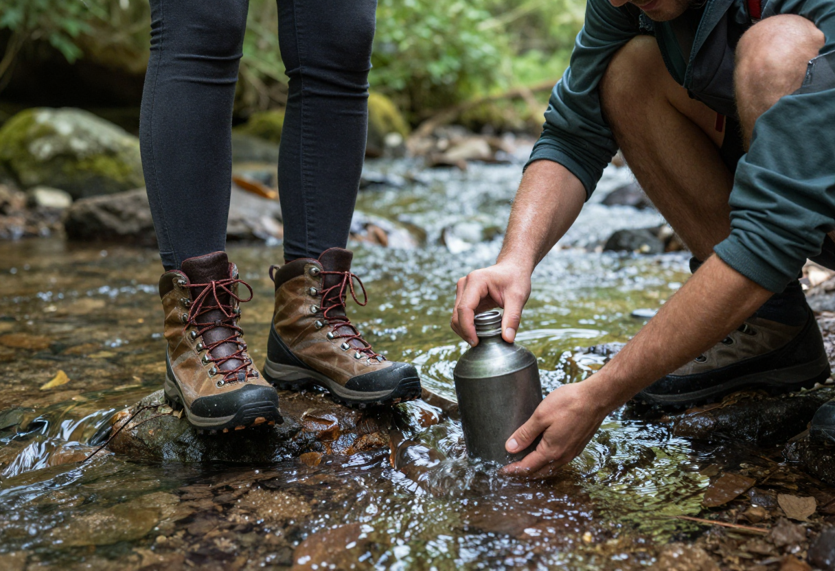 A pair of hiking boots standing next to a clear, running stream in the forest; a hiker is crouched down nearby, carefully collecting water into a durable canteen.