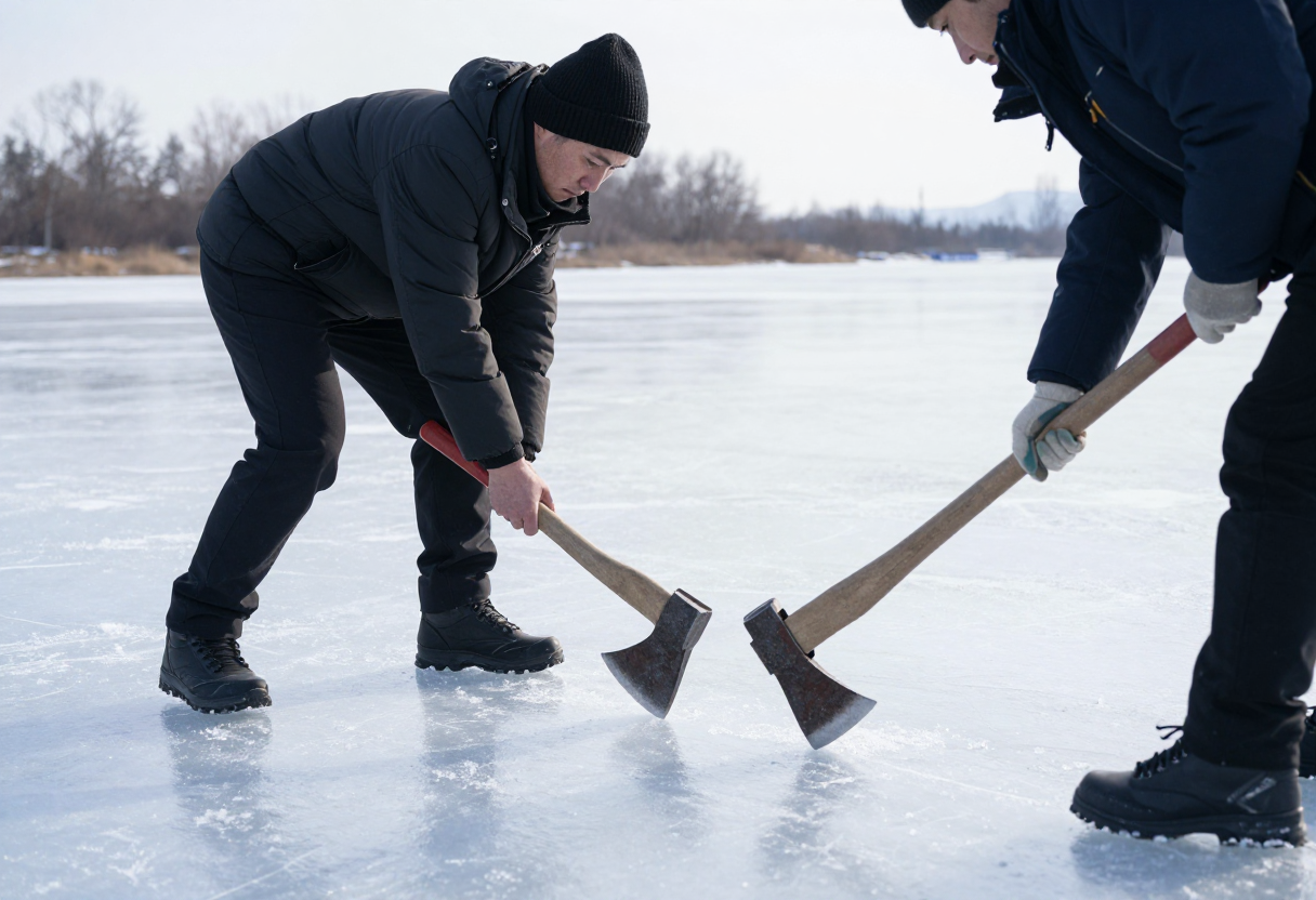 Two people working together, one using an axe or specialized tool to test the thickness of the ice sheet near a shoreline while paying attention to their footing and weight distribution.