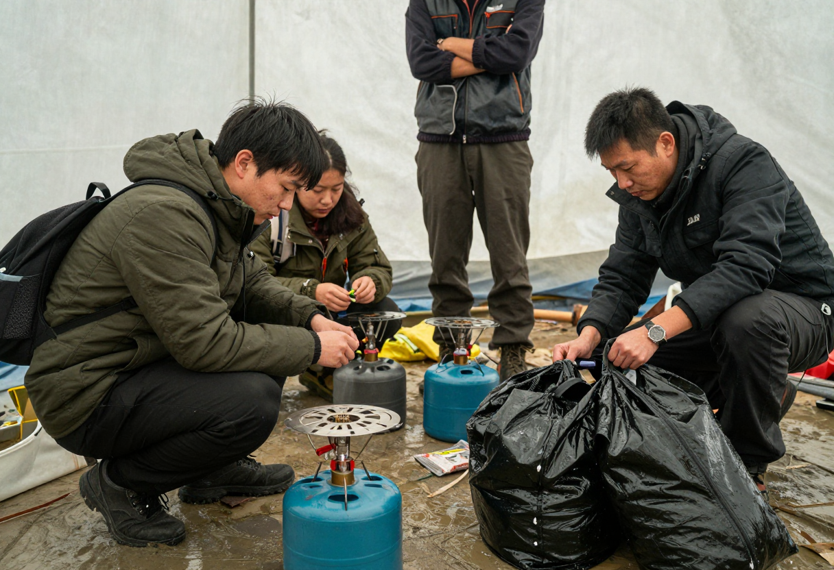 A small group of people gathered around a portable stove in an emergency shelter setup; one person is checking fuel levels and another is tending to wet gear using dry bags.