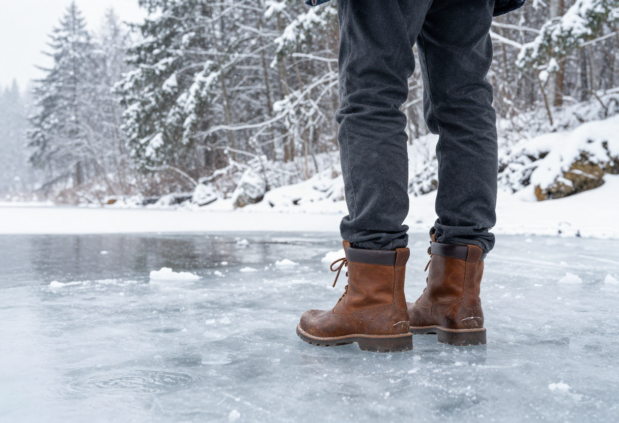 A pair of boots standing on thick, clear ice next to a partially visible lake edge, with the background showing heavy snowfall accumulating on surrounding trees.