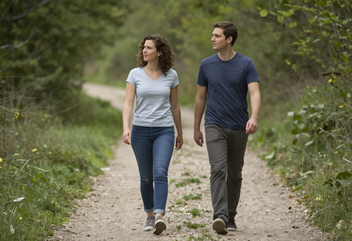 Two people walking together with varying pace and rhythm on a narrow dirt trail, looking alertly around them.
