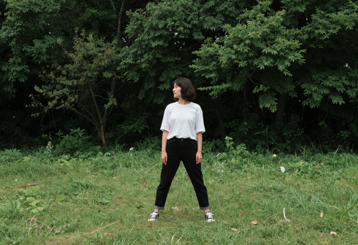 A person standing upright in open terrain (like a meadow or clearing), adopting a wide stance and making eye contact with the surrounding woods.