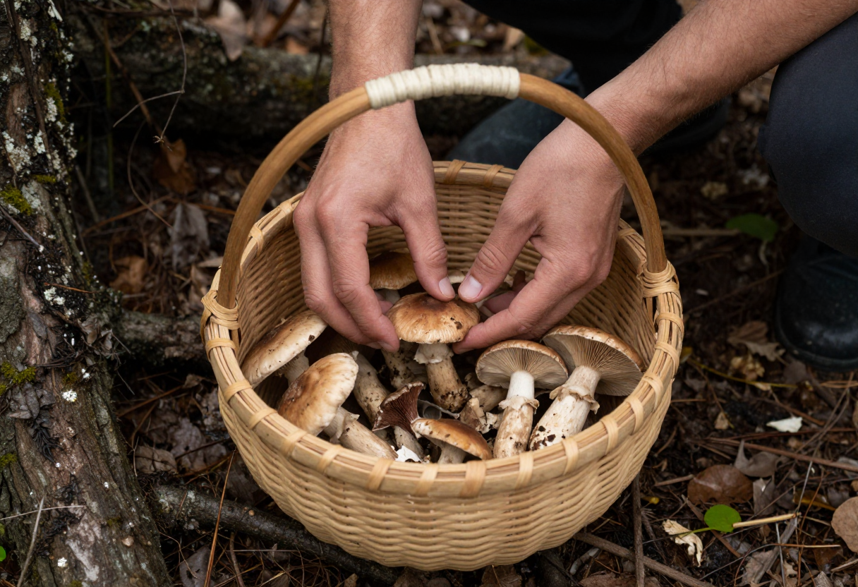 Hands carefully placing identified wild mushrooms into a clean woven basket while crouched on the forest floor near tree roots.