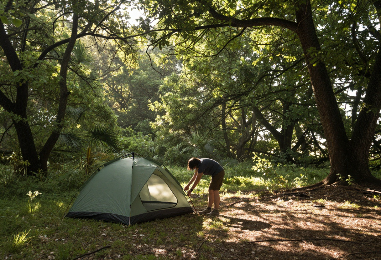 A person setting up a small tent in a clearing that backs onto dense woods; the morning light filters through overhead trees.