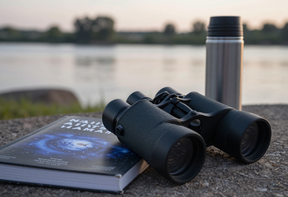 Close-up shot of binoculars resting next to an astronomy book and a thermos cup during twilight near a riverbank.