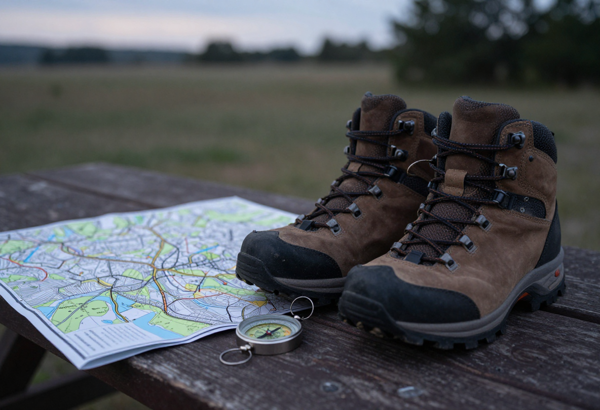 A pair of hiking boots placed next to a topographical map and a compass on a picnic table at dusk.