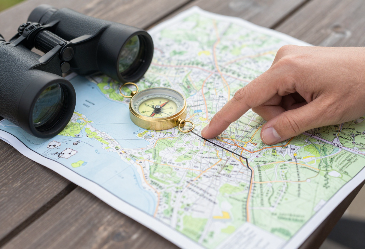 A close shot of a compass and map laid out on a picnic table next to binoculars. A hand is pointing at the intersection of two lines drawn on a paper map.